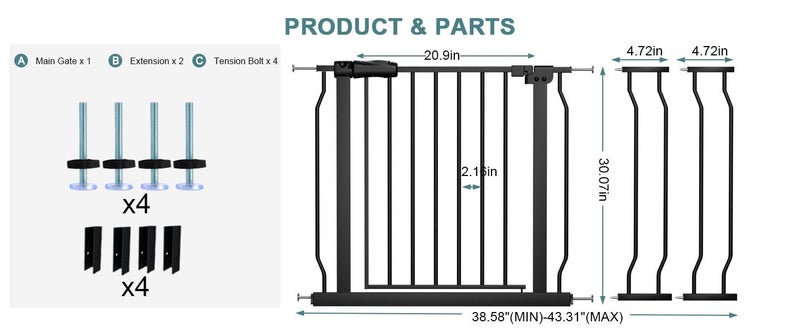 COSEND Extra Wide Baby Gate Tension Indoor Safety Gates Black Metal Large Pressure Mounted Pet Gate Walk Through Long Safety Dog Gate for The House Doorways Stairs (38.58"-43.31"/98-110CM, Black) - Image 2
